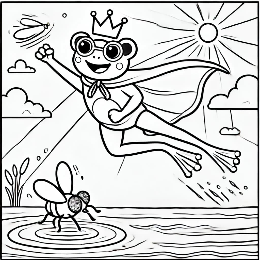 Ausmalbild - Superfrosch rettet die Fliege - Frosch, Superheld, Fliege, Rettung