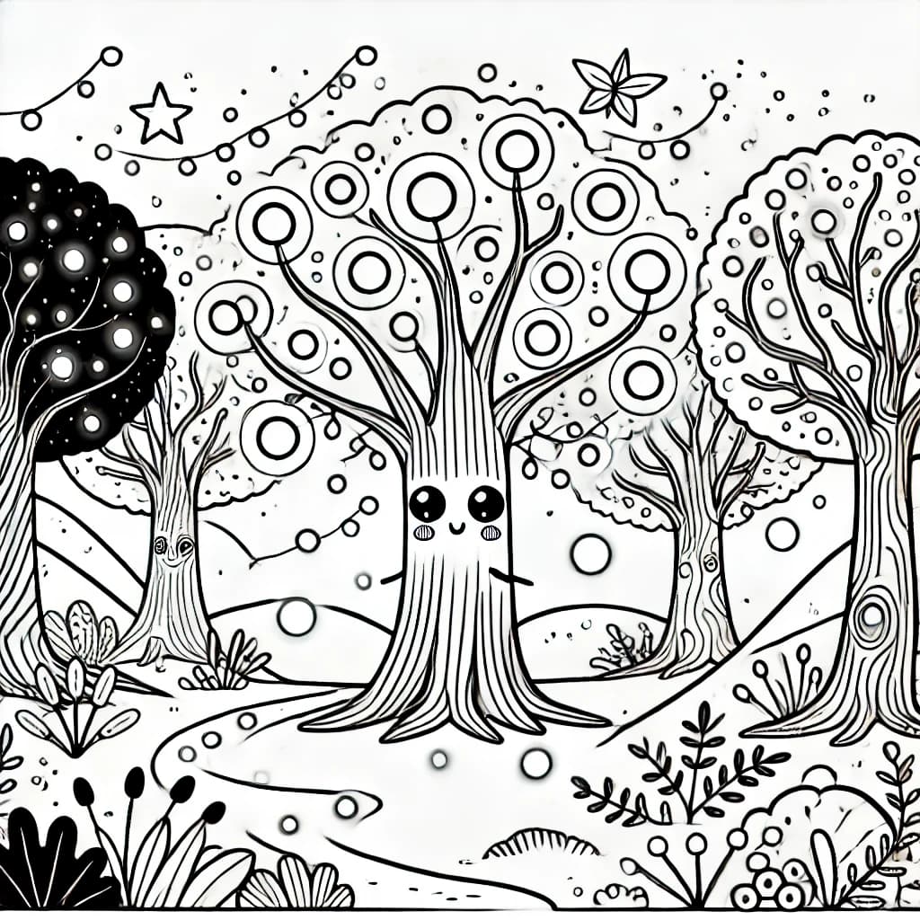 Ausmalbild - Verzauberter Wald mit Feenlichtern - Wald, Magie, Feenlichter, sprechende Bäume