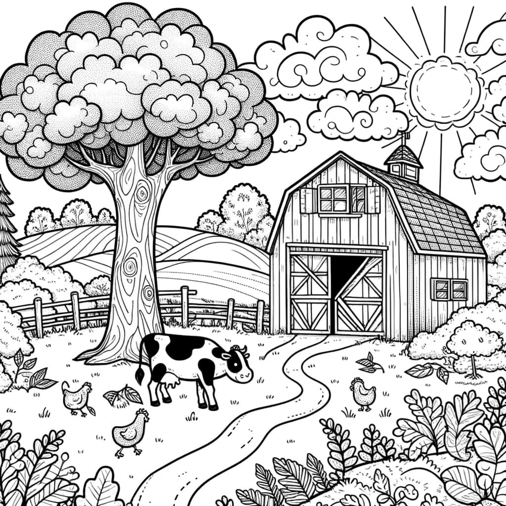 Ausmalbild - Landleben Idylle - landleben, scheune, baum, kuh