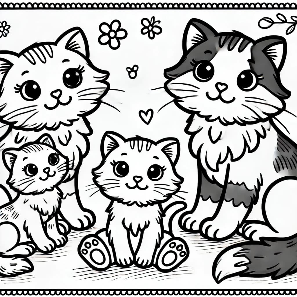 Ausmalbild - Katzenfamilie - Katze, Familie, Kätzchen, Haustiere