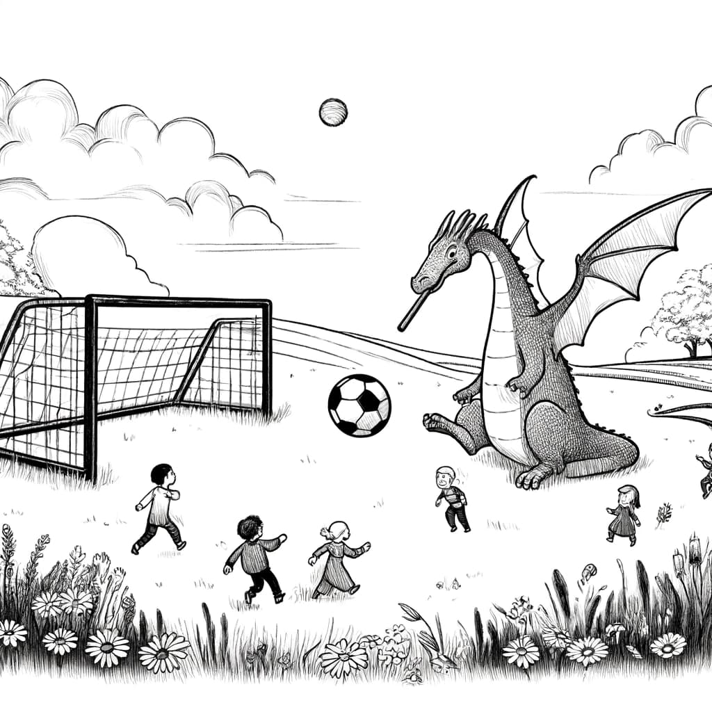 Ausmalbild - Der Drache beim Fußballspiel - Drache, Fußball, Kinder, Sonne