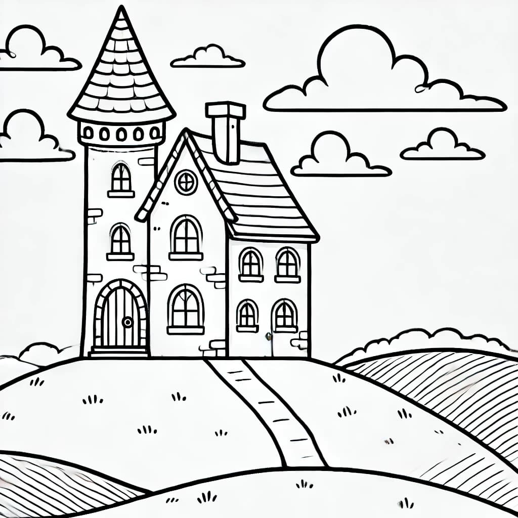 Ausmalbild - Einsames Schloss auf dem Hügel - Schloss, Hügel, Turm, Märchen