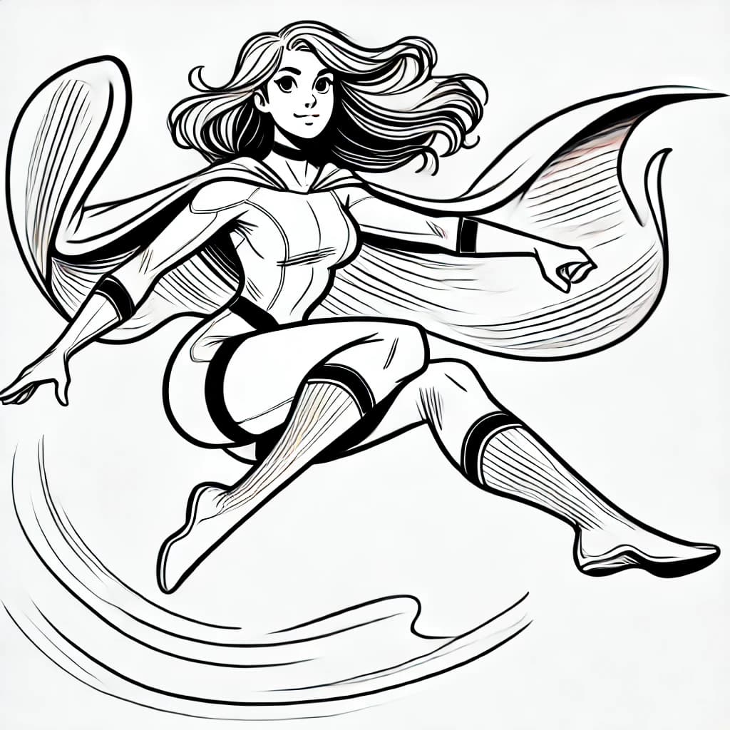 Ausmalbild - Die heldenhafte Landung - Superheldin, Landung, Cape, Pose