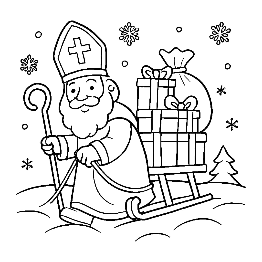 Ausmalbild - Nikolaus mit dem Schlitten - Nikolaus, Schlitten, Schnee
