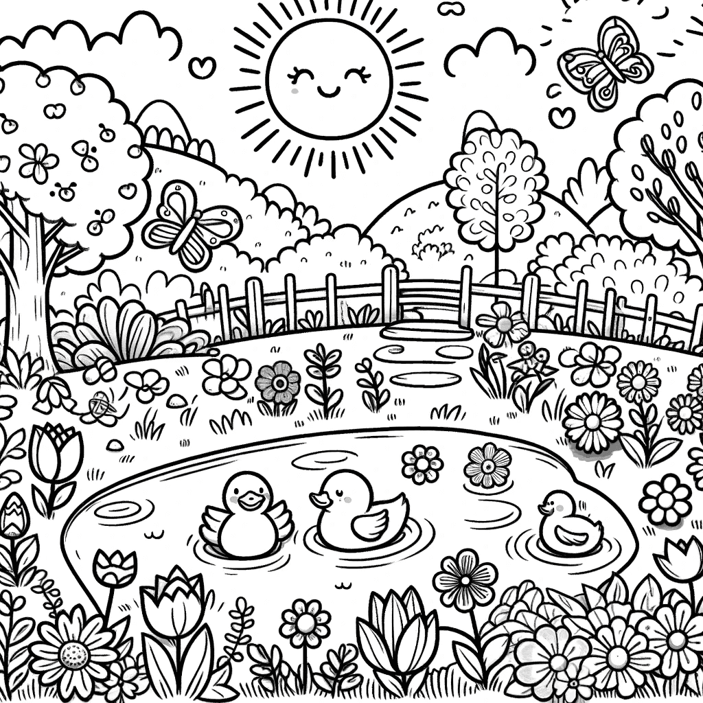 Ausmalbild - Fröhlicher Garten - Garten, Teich, Enten, Blumen