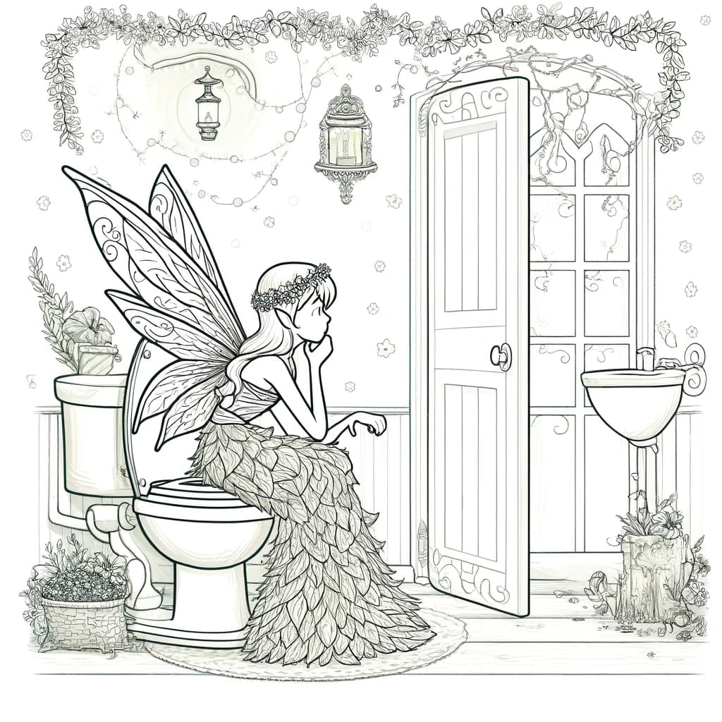 Ausmalbild - Die nachdenkliche Fee im Badezimmer - Fee, Badezimmer, Toilette, Blumen