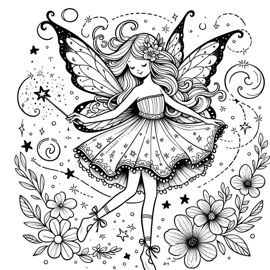 Ausmalbild - Zauberhafte Fee - Fee, Zauberstab, Sterne, Blumen