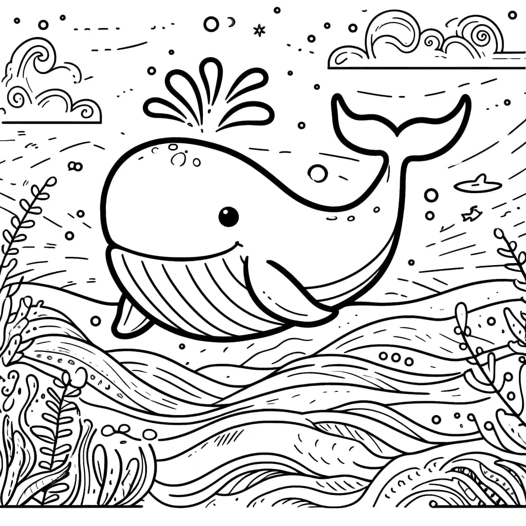 Ausmalbild - Der fröhliche Wal im Ozean - Wal, Ozean, Wellen, Fische