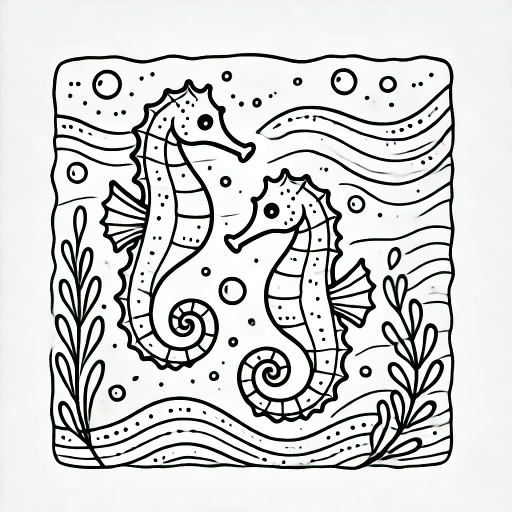 Ausmalbild - Zwei fröhliche Seepferdchen - Seepferdchen, Meer, Ozean, Fische