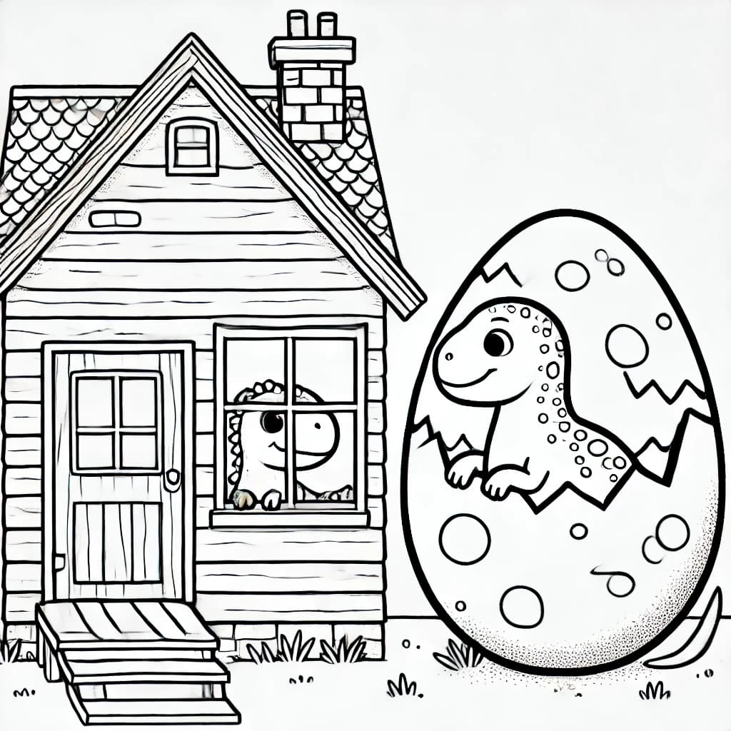 Ausmalbild - Dinosaurierhaus mit Ei - Dinosaurier, Haus, Ei