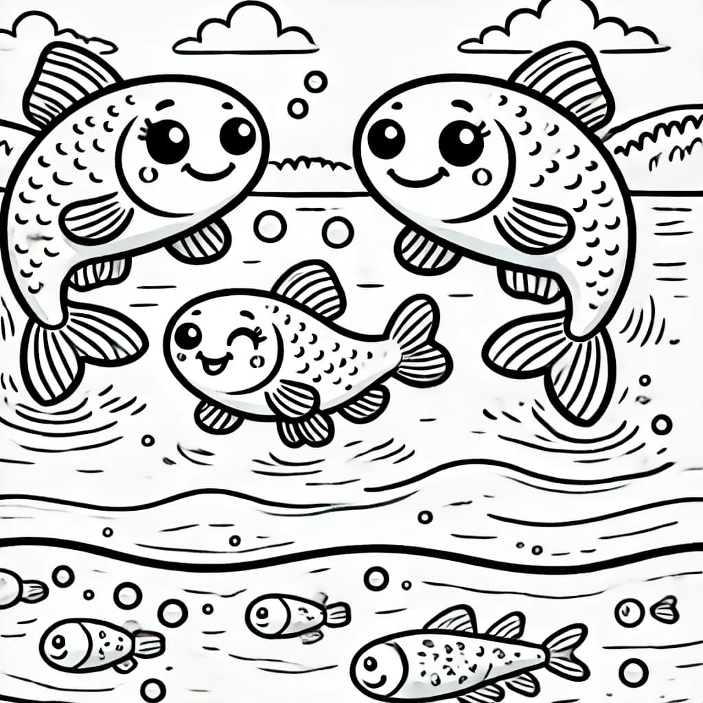 Ausmalbild - Familie Lachs im Fluss - Lachs, Fischfamilie, Fluss, Wasser