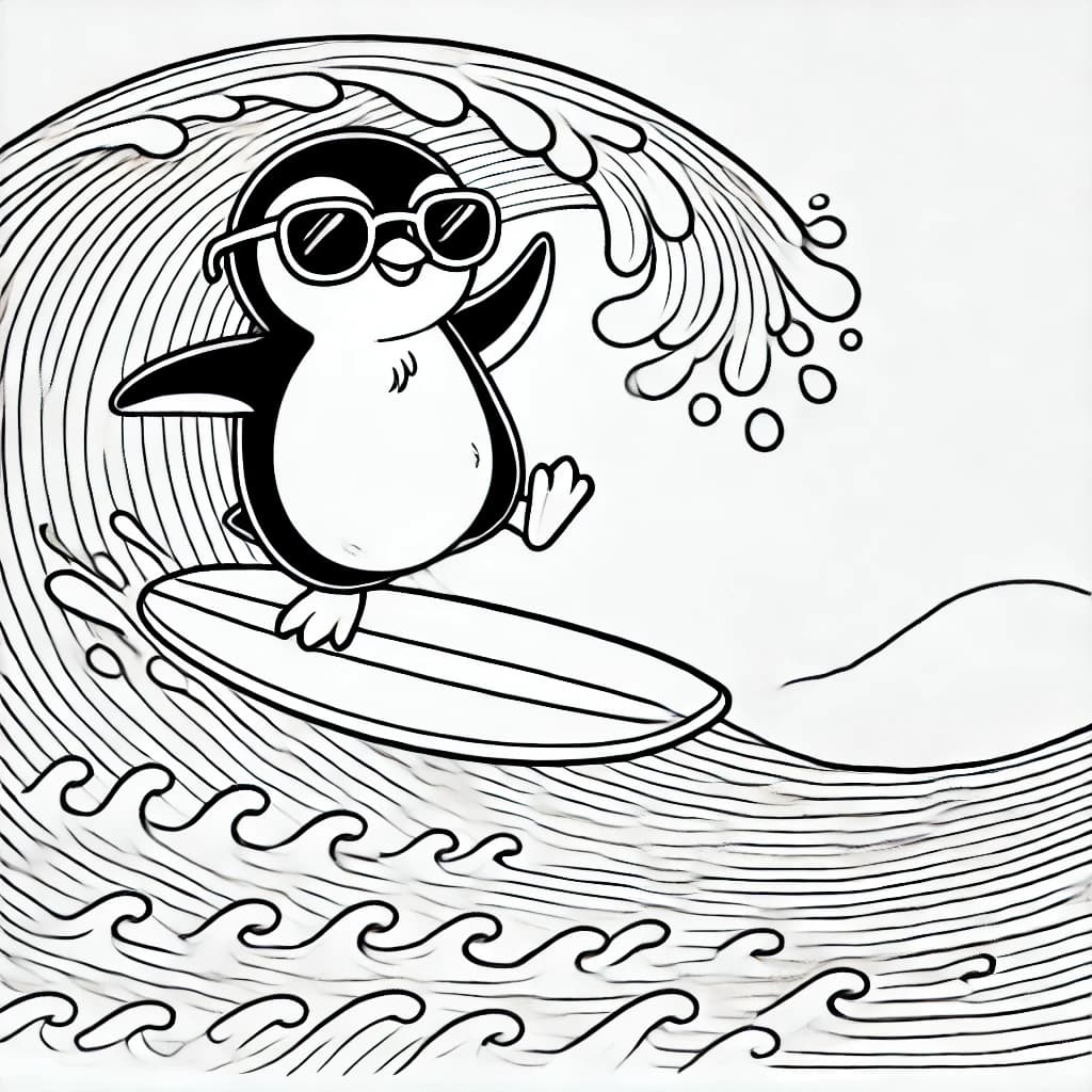 Ausmalbild - Surfer-Pinguin - Pinguin, Surfen, Welle, Sonnenbrille
