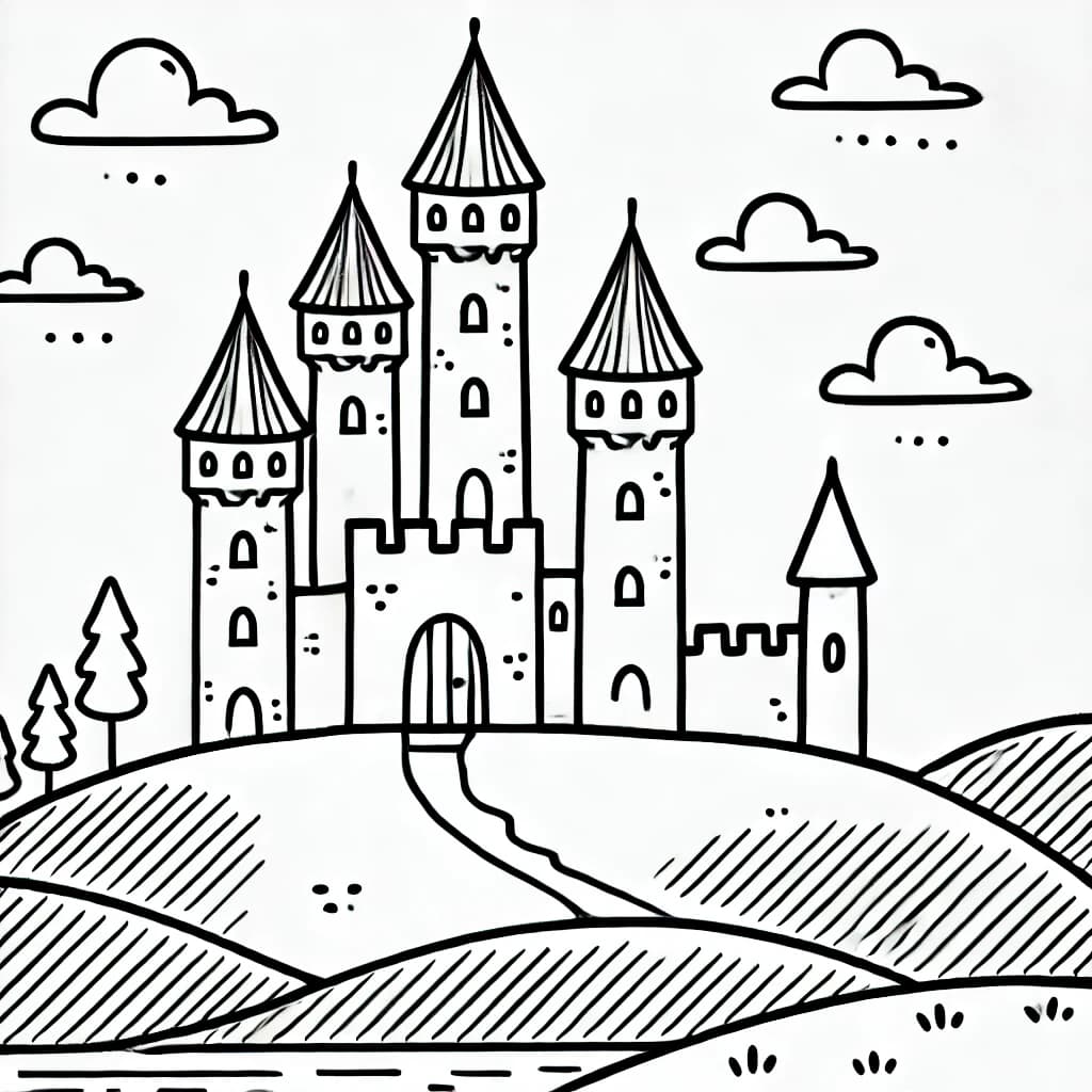 Ausmalbild - Das Schloss auf dem Hügel - Schloss, Türme, Hügel, Wolken