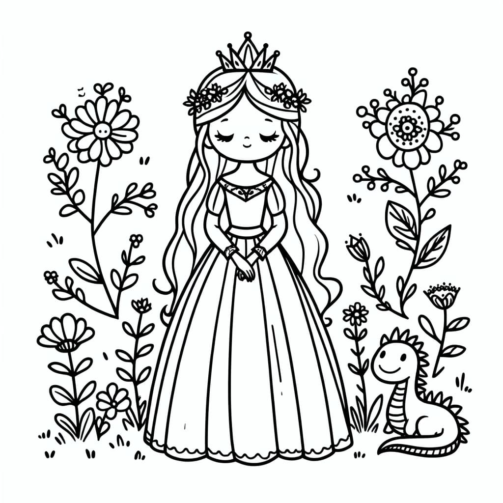Ausmalbild - Prinzessin im Garten - Prinzessin, Garten, Blumen, Drache