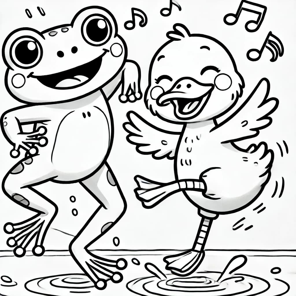 Ausmalbild - Fröhlicher Tanz von Frosch und Ente - Frosch, Ente, Tanz, Musik