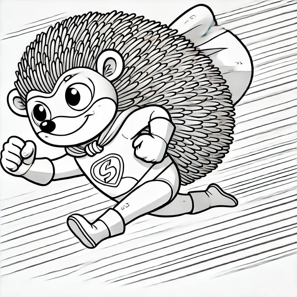 Ausmalbild - Superigel auf Blitzgeschwindigkeit - Igel, Superheld, Geschwindigkeit, Rennen