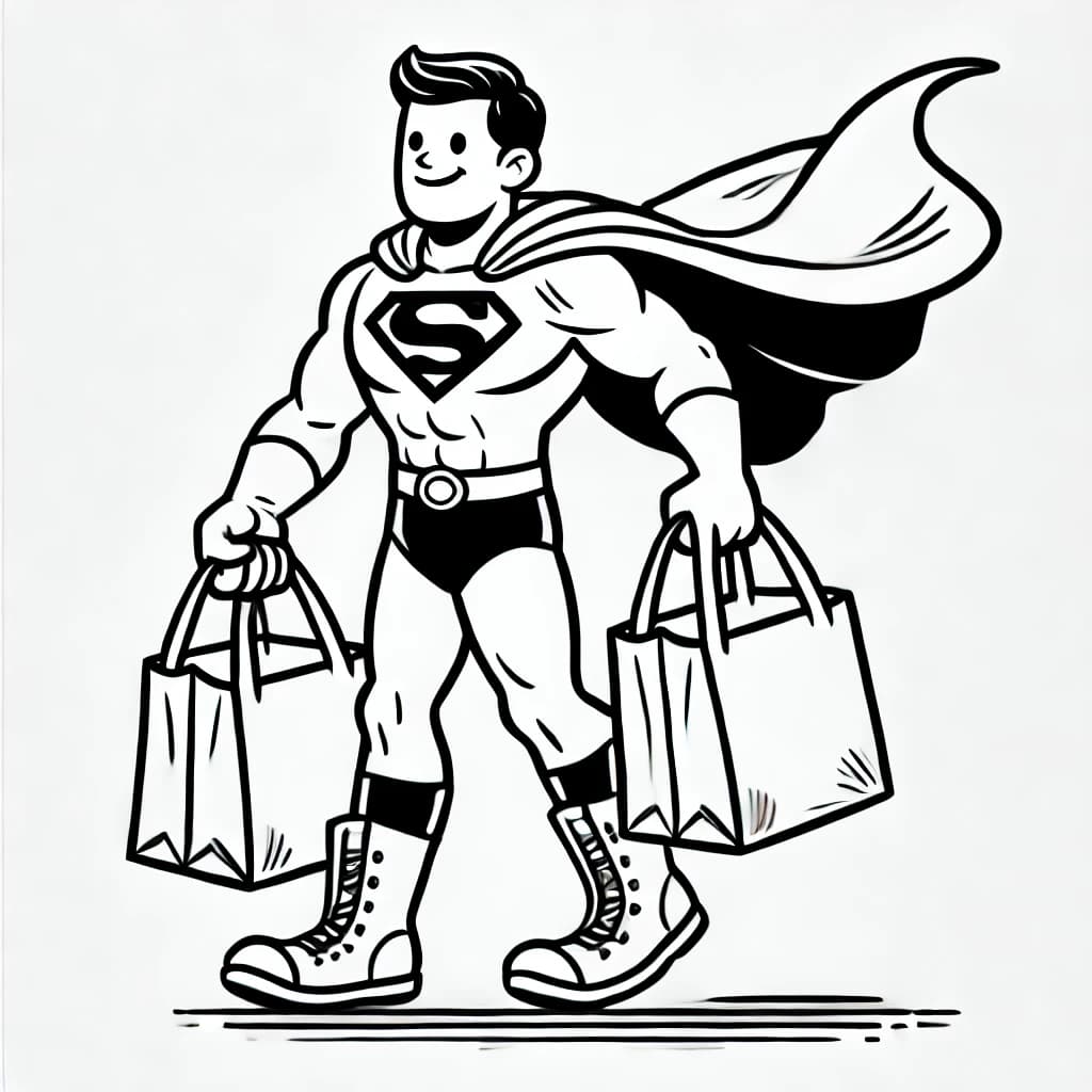 Ausmalbild - Superheld mit Superkraft trägt Einkäufe - Superheld, Einkaufen, Superkraft, Lebensmittel