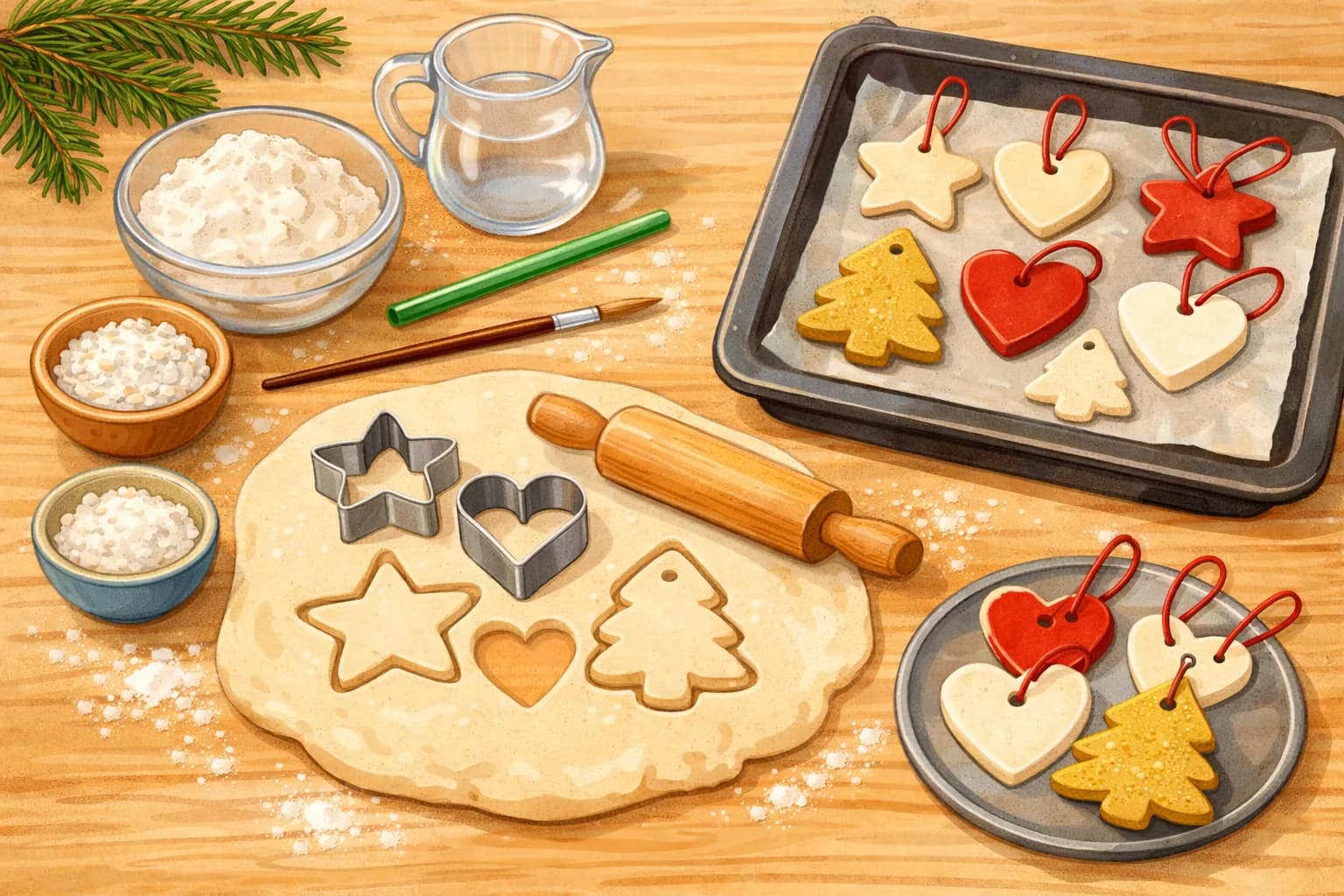 Basteln - Salzteig selber machen: Rezept und Anhänger für den Weihnachtsbaum - Salzteig-Grundrezept mit Mengen in Gramm, Ausstechen, Lochstechen und Trocknen an der Luft oder im Ofen bei 50 Grad – plus Bemalen, Versiegeln und den fünf Fehlern, an denen Salzteiganhänger scheitern.
