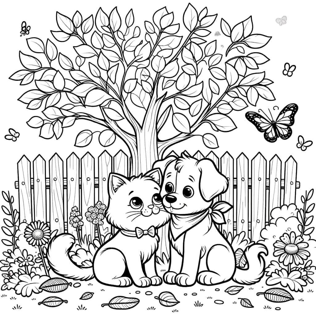 Ausmalbild - Katze und Hund unter dem Baum - katze, hund, baum, blätter