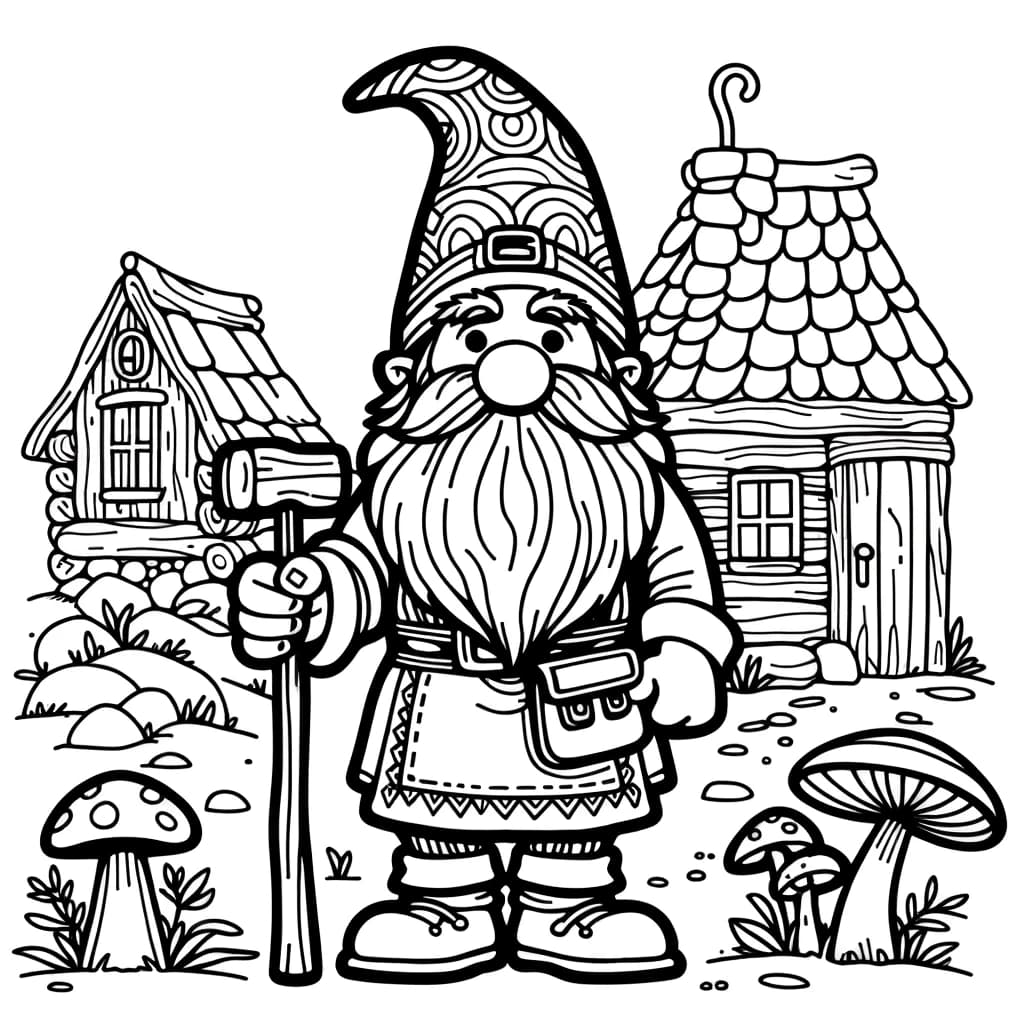 Ausmalbild - Der Zwerg im Zauberwald - Zwerg, Hammer, Pilze, Felsen