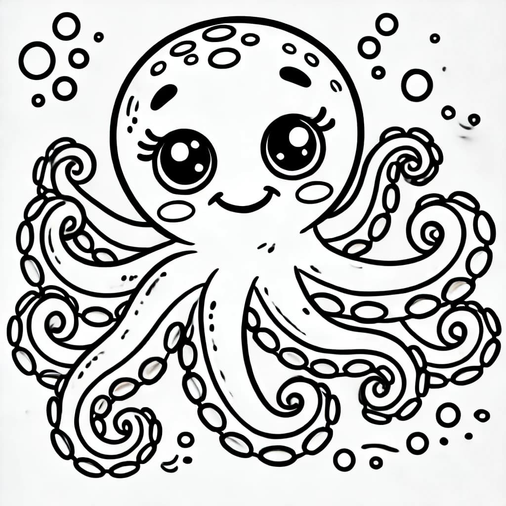 Ausmalbild - Fröhliche Krake unter Wasser - Krake, Ozean, Meerestiere, Fisch
