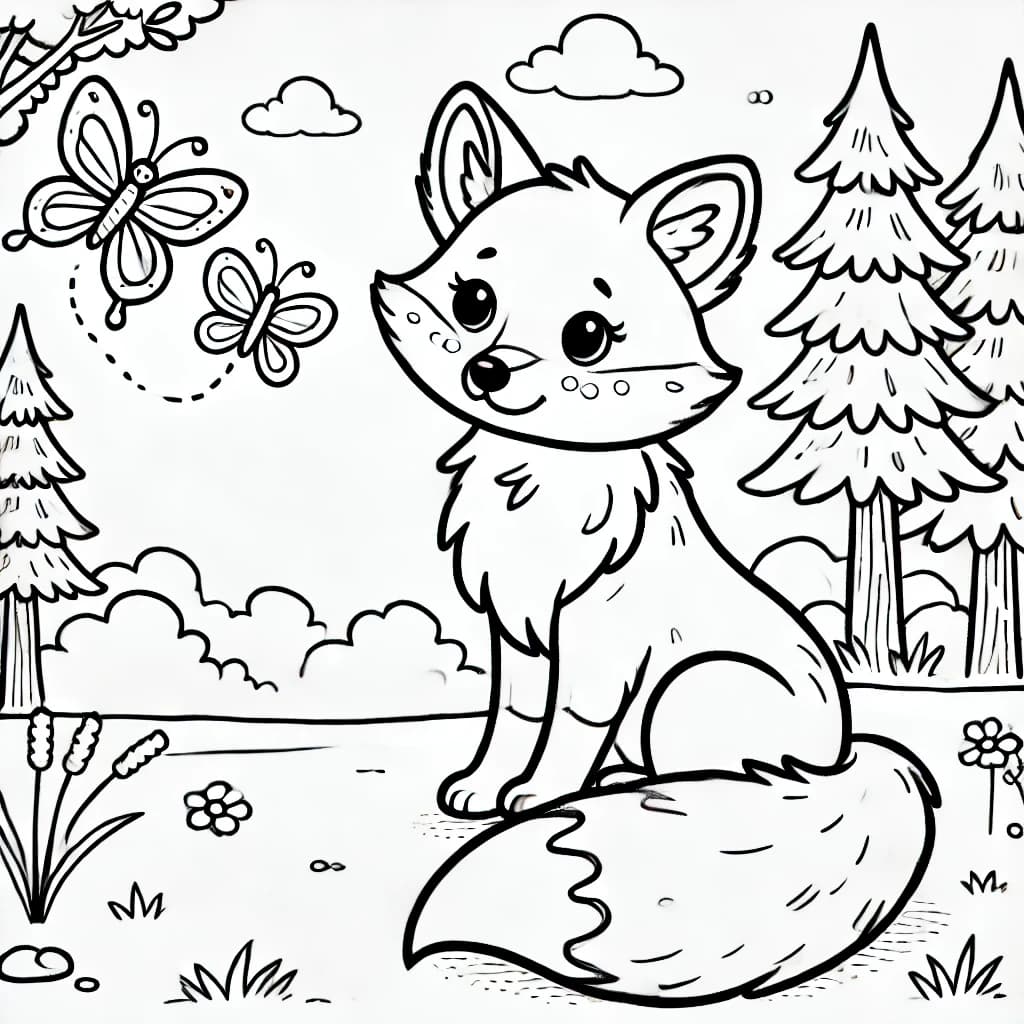 Ausmalbild - Fuchs im Wald - Fuchs, Wald, Schmetterling, Natur