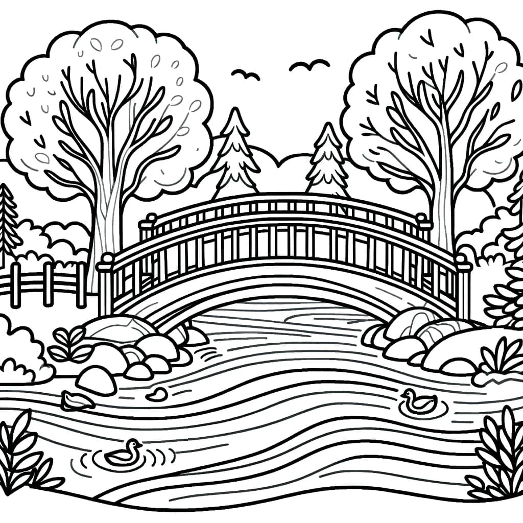 Ausmalbild - Die Brücke am Fluss - Brücke, Fluss, Bäume, Enten