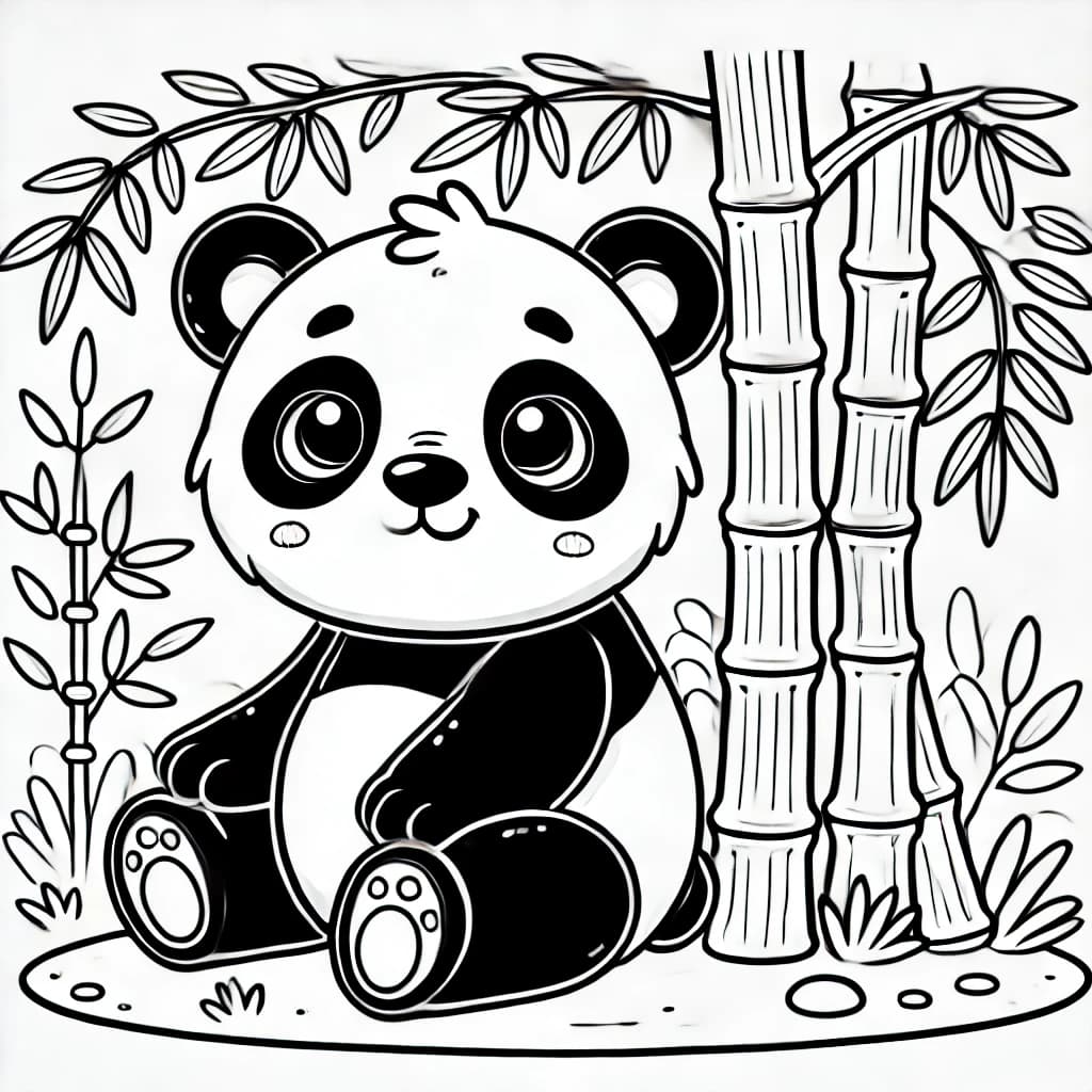Ausmalbild - Süßer Panda unter Bambus - Panda, Bambus, Tier, Dschungel