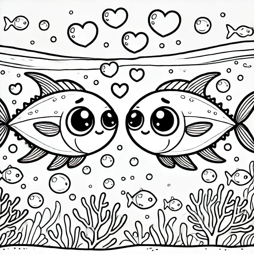 Ausmalbild - Verliebte Thunfische im Ozean - Thunfisch, Liebe, Ozean, Fische
