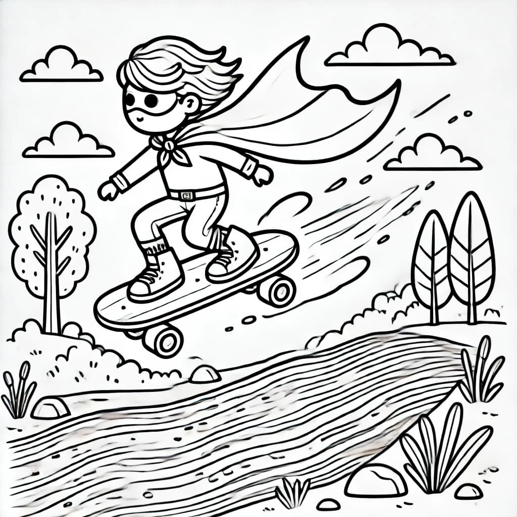 Ausmalbild - Der Held und das fliegende Skateboard - Held, Skateboard, Fliegen, Fluss