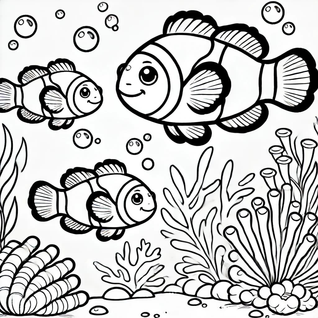 Ausmalbild - Clownfisch-Familie unter Wasser - Clownfisch, Meer, Unterwasser, Fische
