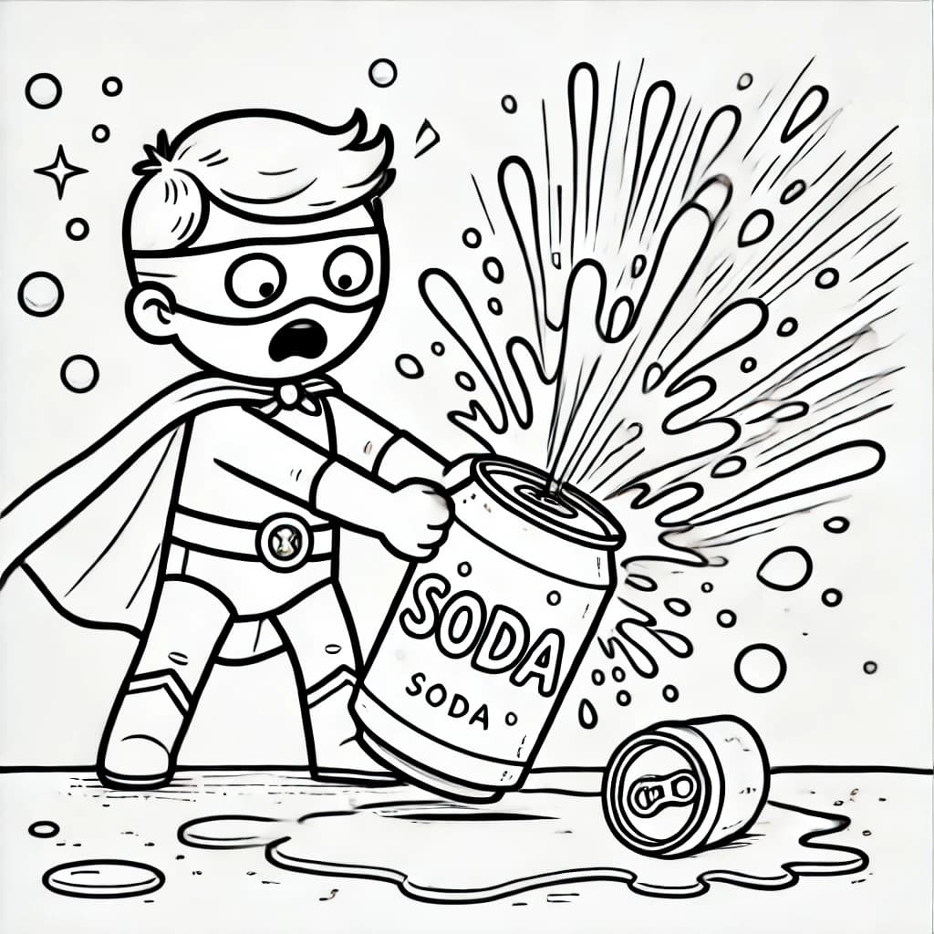 Ausmalbild - Superheld und die spritzende Soda - Superheld, Soda, Spritzer, Überraschung