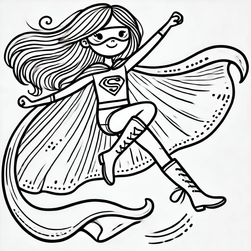 Ausmalbild - Superheldin landet heroisch - Superheldin, Landung, Cape, Pose