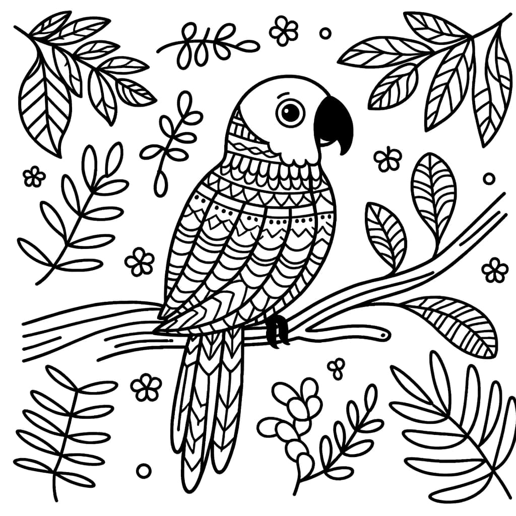 Ausmalbild - Der fröhliche Papagei auf dem Ast - Papagei, Ast, Vögel