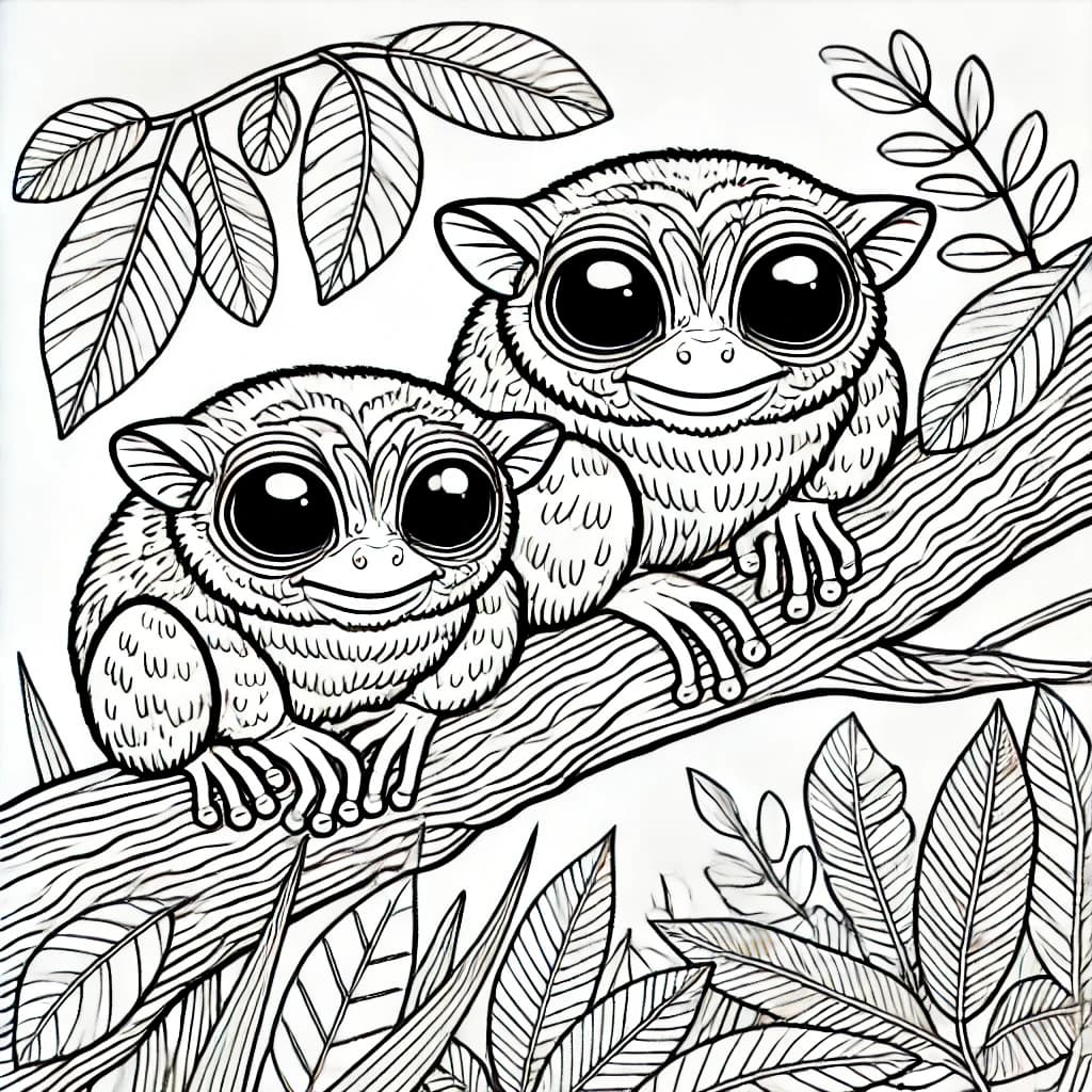 Ausmalbild - Zwei Koboldmaki-Frosch auf einem Ast - Koboldmaki-Frosch, Amphibien, Natur, Baum