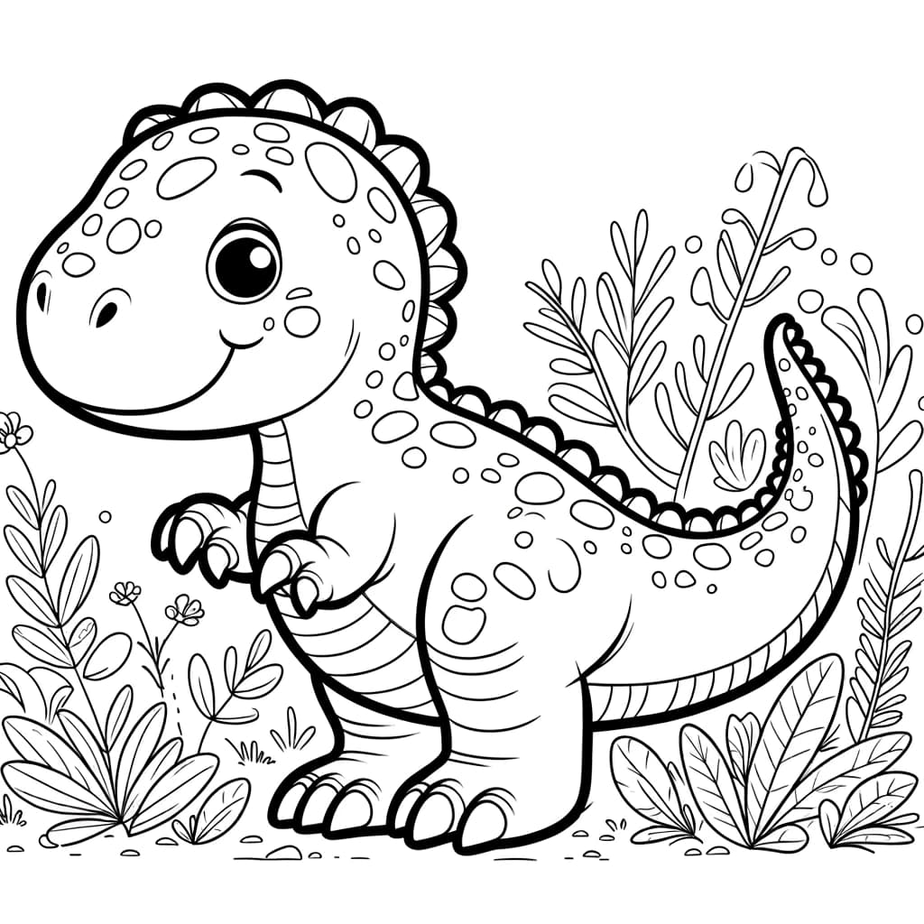 Ausmalbild - Der freundliche Dinosaurier - Dinosaurier, Vegetation, prähistorisch, freundlich