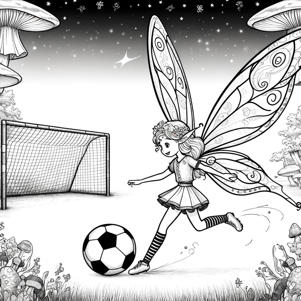 Ausmalbild - Die Fußballspielende Fee - Fee, Fußball, magisches Feld, Pilz-Tore