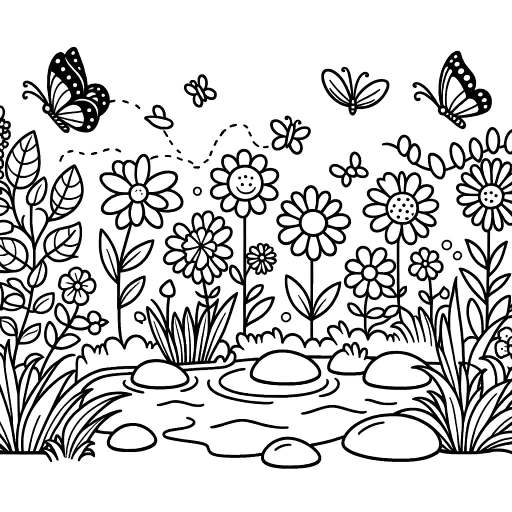 Ausmalbild - Fröhlicher Garten zum Ausmalen - Garten, Blumen, Teich, Schmetterlinge