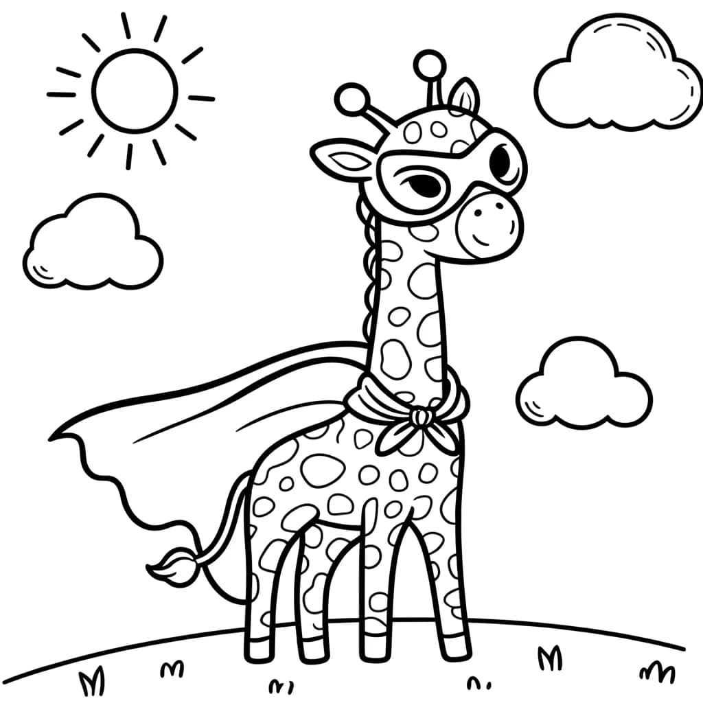 Ausmalbild - Superhelden-Giraffe - Giraffe, Superheld, Cape, Himmel