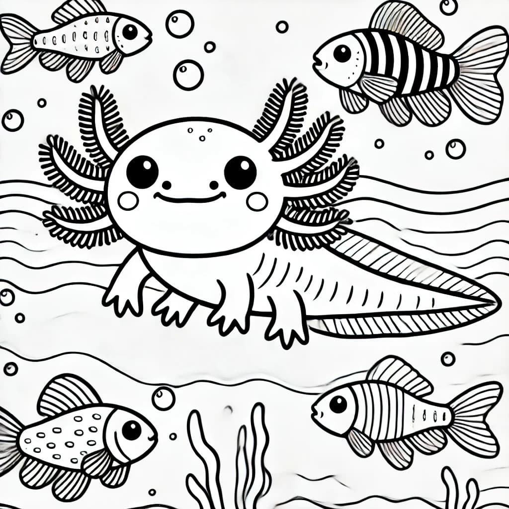 Ausmalbild - Axolotl und Fische unter Wasser - Axolotl, Fische, Wasser, Blasen