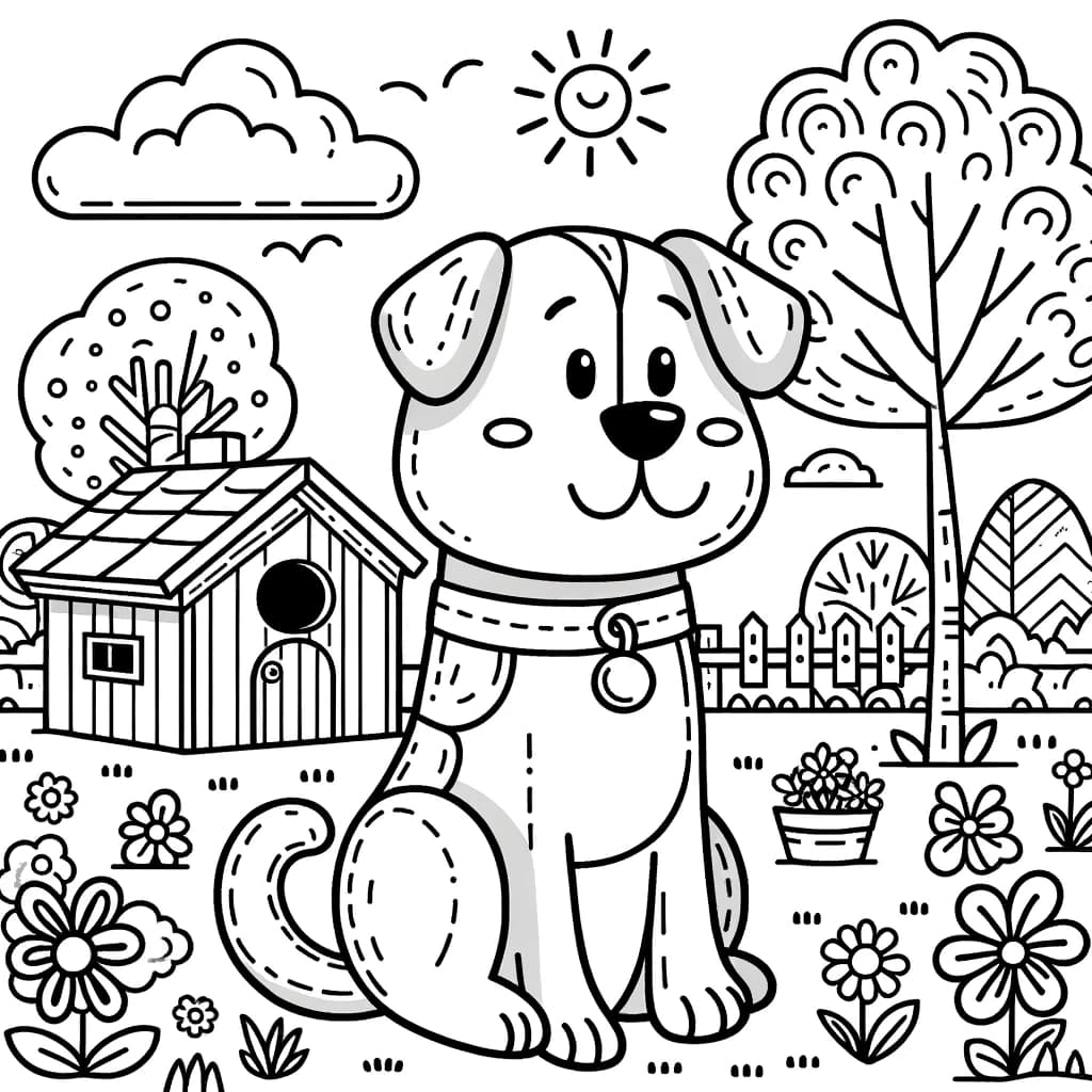 Ausmalbild - Freundlicher Hund im Garten - Hund, Garten, Hundehütte, Bäume