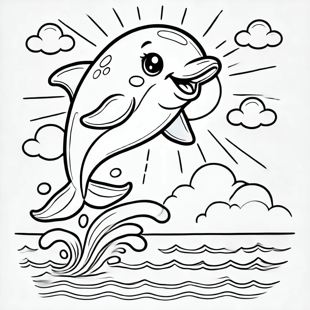 Ausmalbild - Springender Delfin - Delfin, Meer, Wellen, Ozean