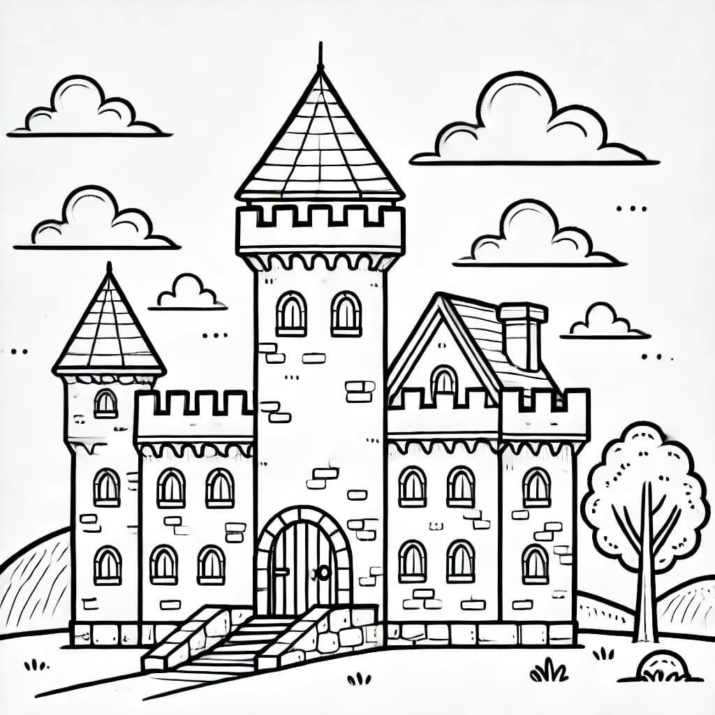 Ausmalbild - Die einsame Burg - Burg, Turm, Mittelalter, Schloss