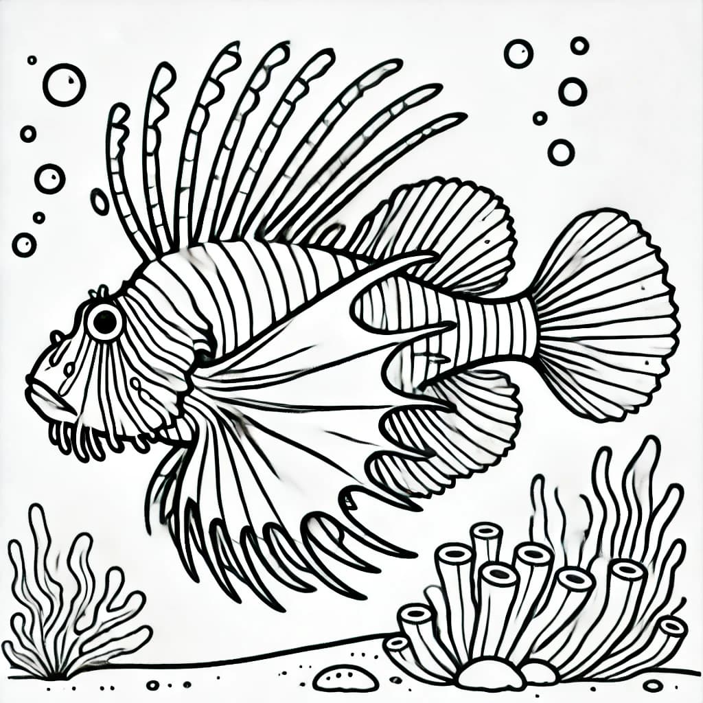Ausmalbild - Rotfeuerfisch im Meer - Fische, Meer, Rotfeuerfisch, Unterwasser