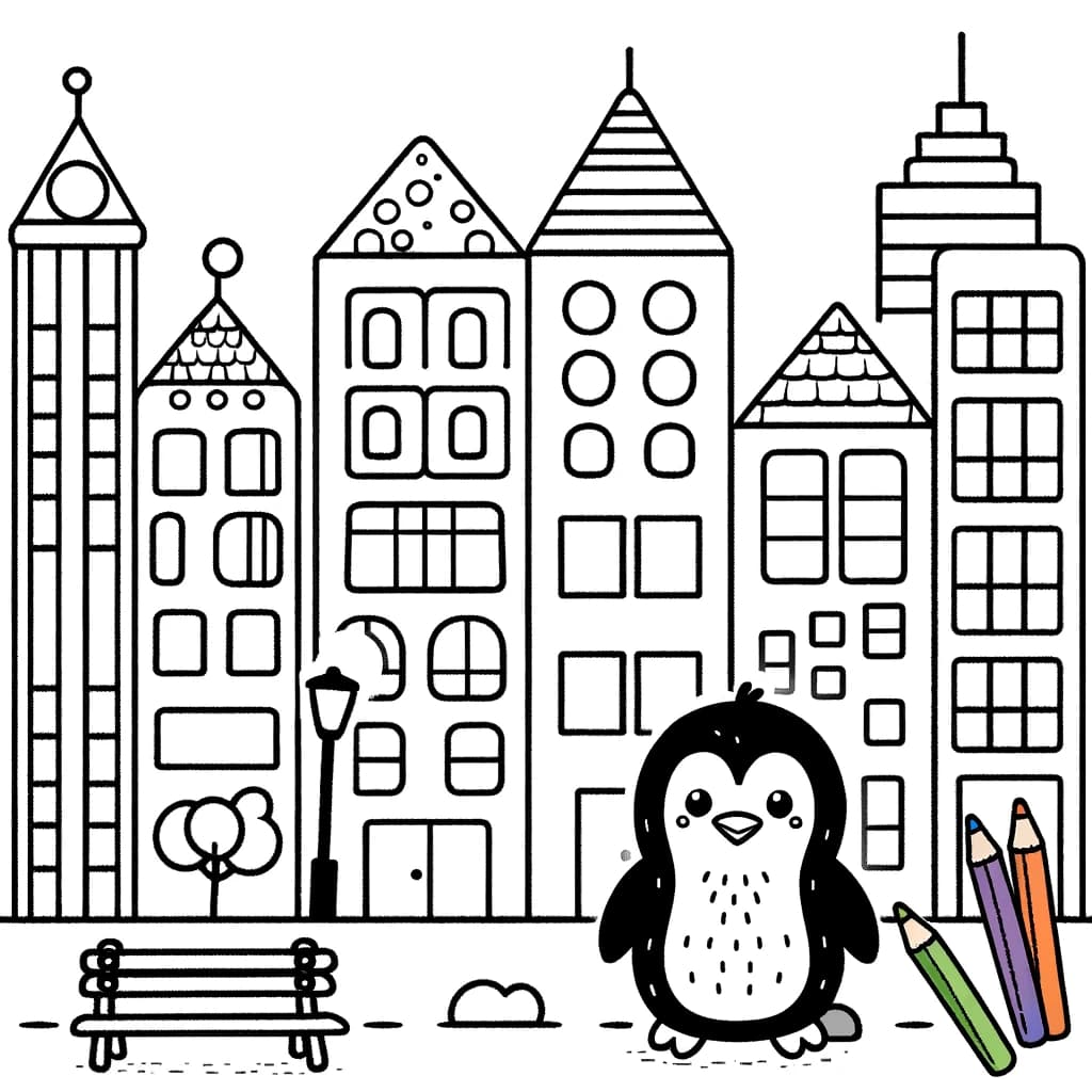 Ausmalbild - Pinguin in der Stadt - Pinguin, Stadt, Gebäude, Straße
