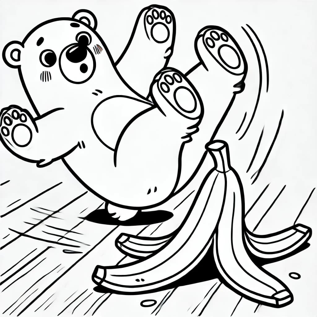 Ausmalbild - Eisbär rutscht auf Bananenschale - Eisbär, Bananenschale, Ausrutschen, lustig