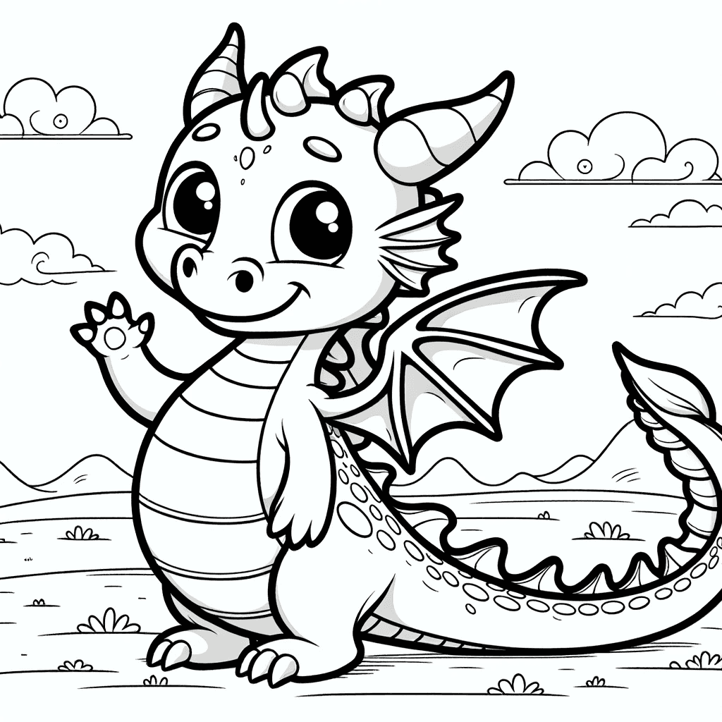 Ausmalbild - Der fröhliche Drache - Drache, Flügel, Wolken