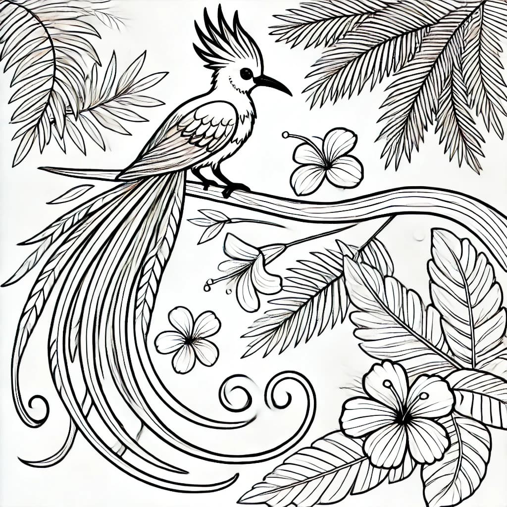 Ausmalbild - Paradiesvogel im Tropenwald - Paradiesvogel, Tropen, Blätter, Blumen
