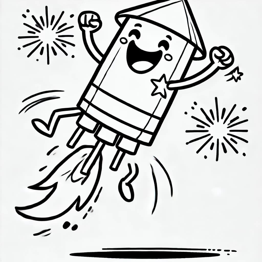 Ausmalbild - Tanzende Feuerwerksrakete - Feuerwerk, Rakete, Tanz, Spaß