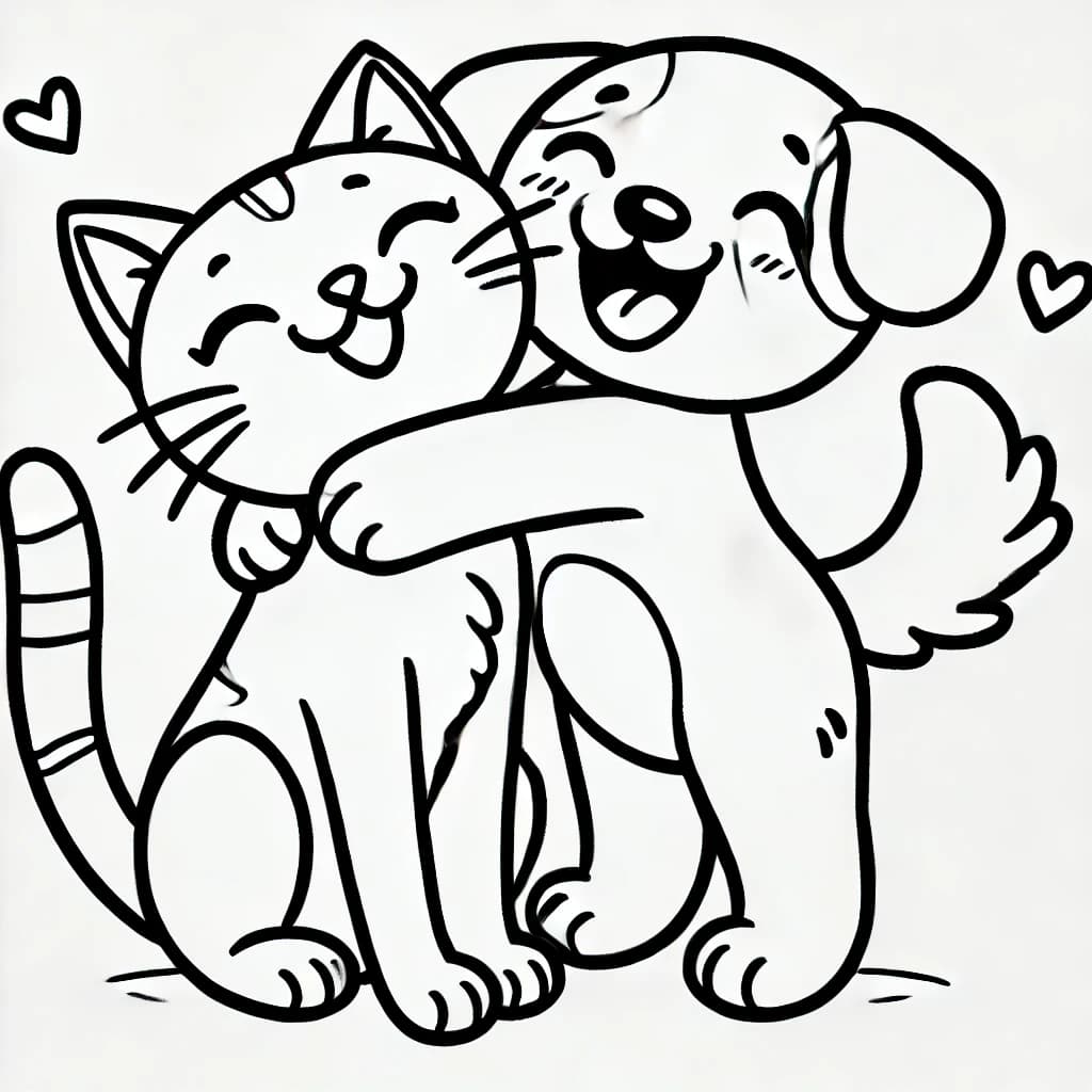 Ausmalbild - Katze und Hund umarmen sich - Katze, Hund, Freundschaft, Umarmung